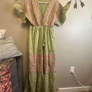 Green and Pink Embroidered Maxi Dress Indian Boho